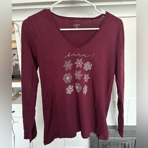 LOFT Maroon Long Sleeve Tee with Snowflake Design